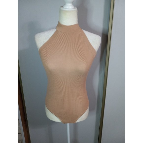 Lulu's Large Blush Pink Knit Halter Stretch Open Back One Piece Bodysuit - Picture 1 of 3